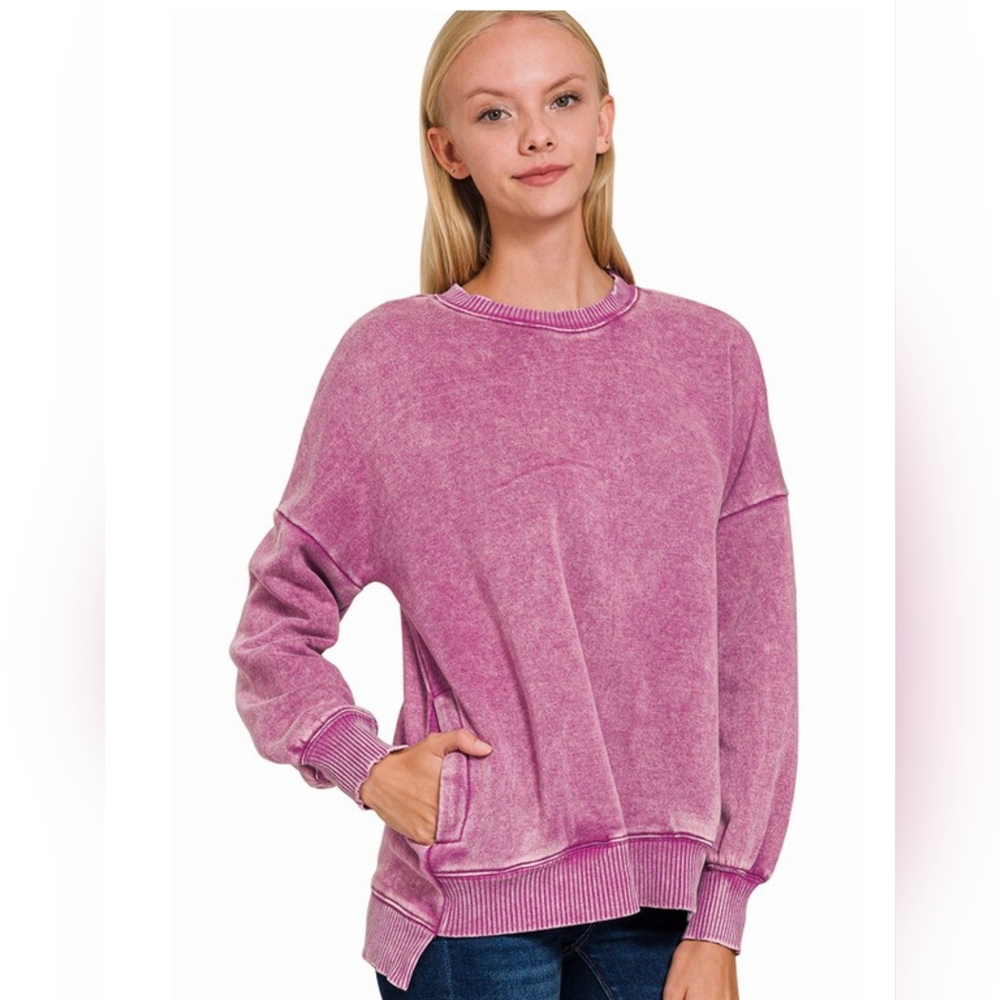 Lt plum Acid Wash Fleece hi-low hem pullover
